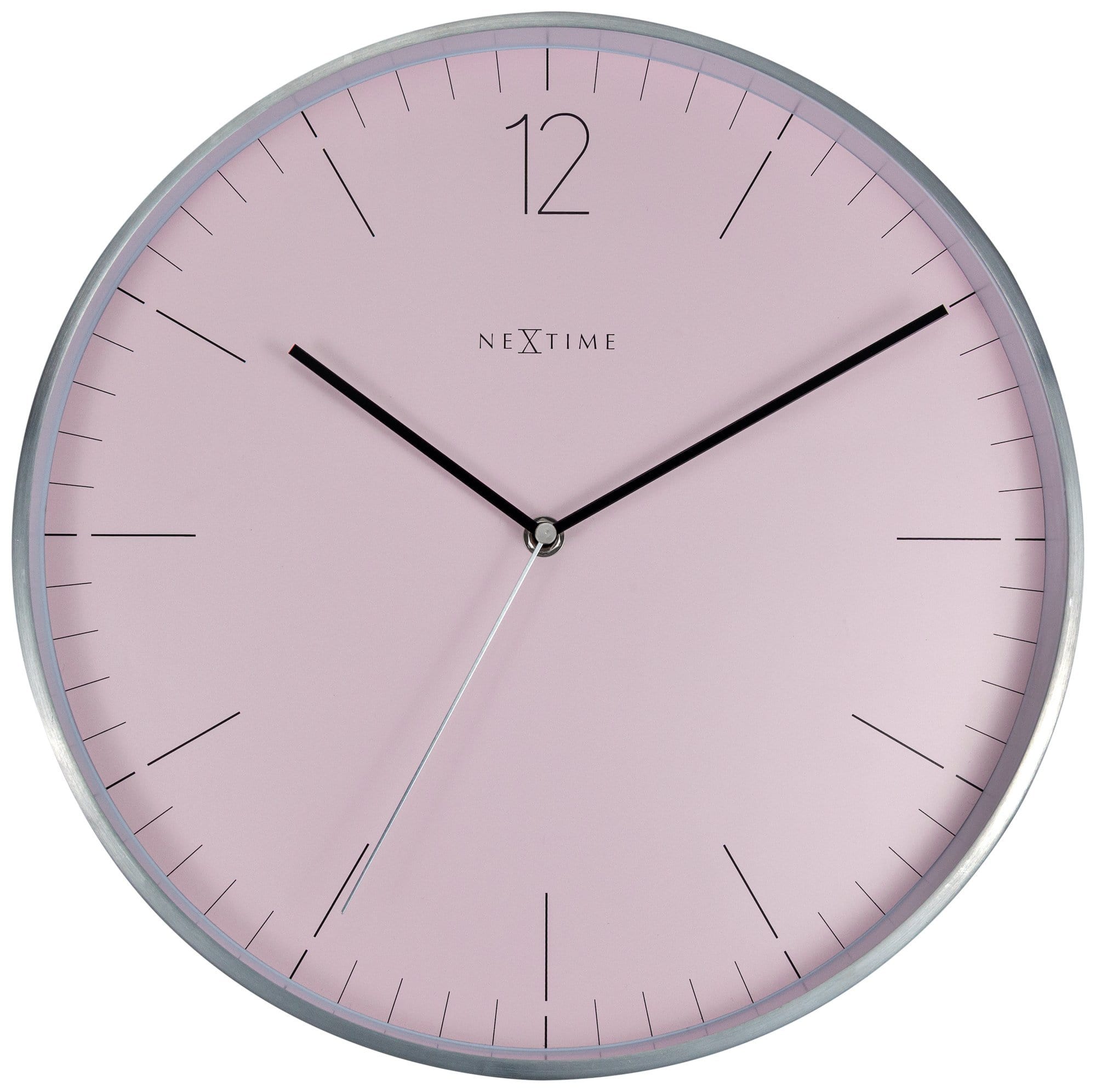 Elegant NeXtime Clocks wall clock with a 34 cm glass and metal design, featuring a sleek silver finish and minimalist style.